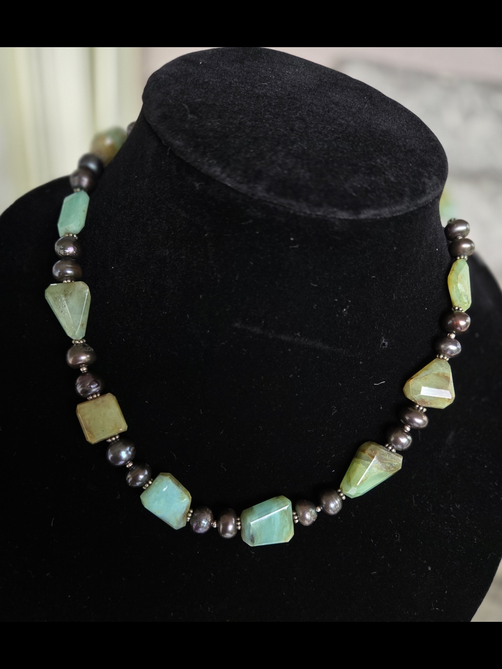 Atrisan Peruvian Opal Lustrous Black Freshwater Pearl Necklace Silvertone Accent - Picture 8 of 11
